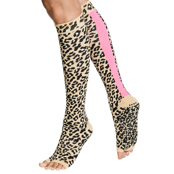 Tucketts Knee High - Open Toe Grip Socks-Leopard Pink Stripe