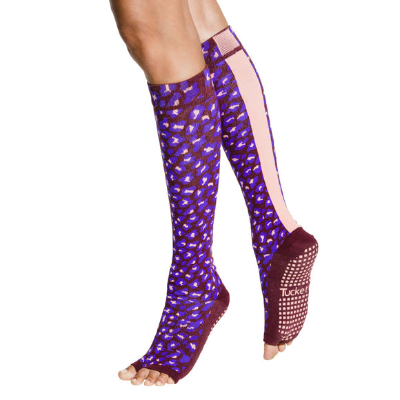 Tucketts Knee High - Open Toe Grip Socks-Ultraviolet Peach Leopard